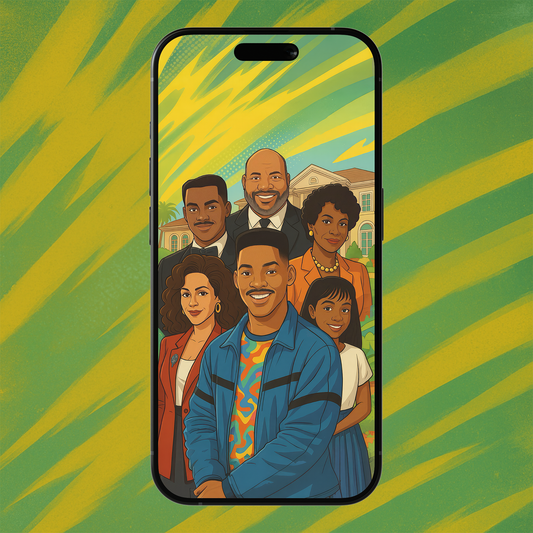 Phone case with illustration of a family on a green and yellow striped background
